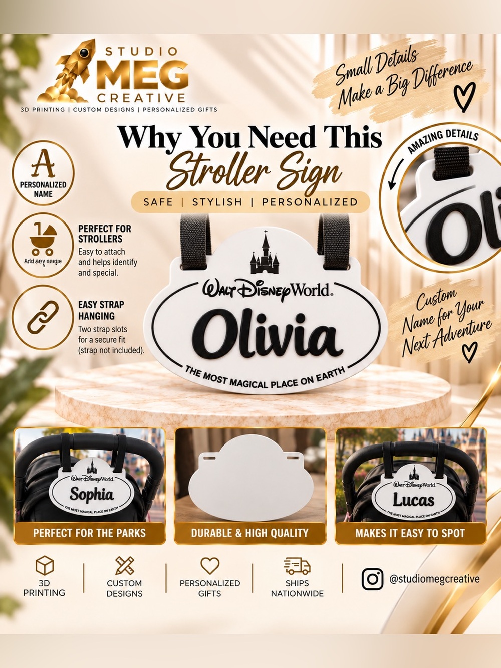 Disney Stroller Sign, Castle Nameplate | PETG | 8.27 X 5.91 In | Raised Custom